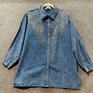 VTG Club Z Western Top Women 14 16 Blue Denim Acid Wash Beaded Embroidered Shirt